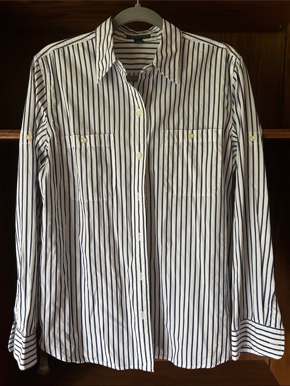 Lauren Ralph Lauren White Button-Down Shirt with Navy Stripes